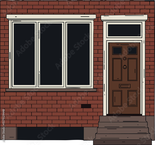 Brick house facade with brown door and large white window vector illustration 