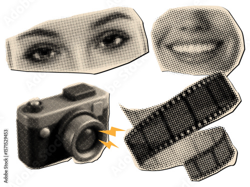 Halftone vintage camera film ,smiling mouth and eyes,cut out elements from paper,retro grunge halftone collage elements