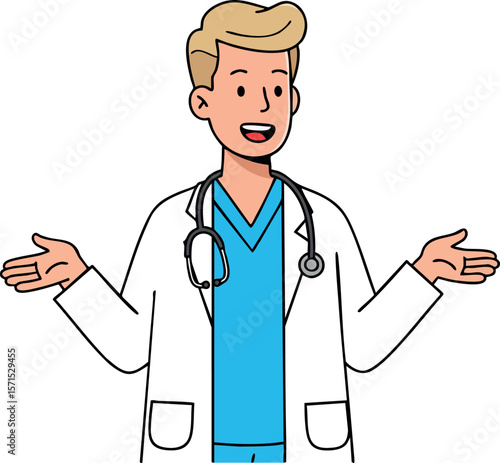 Male doctor with stethoscope wearing white coat and blue scrubs explaining gesture vector illustration 