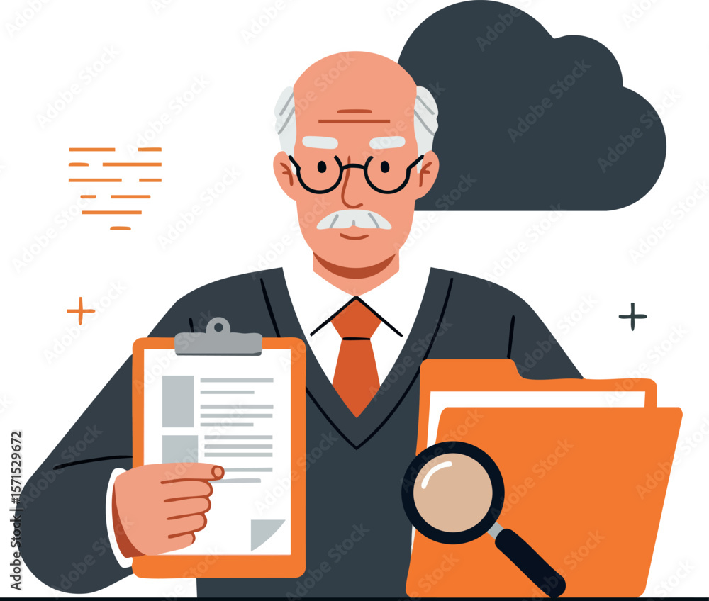 Elderly man holding clipboard with documents and magnifying glass on folder vector illustration Elderly man holding clipboard with documents and magnifying glass on folder vector illustration