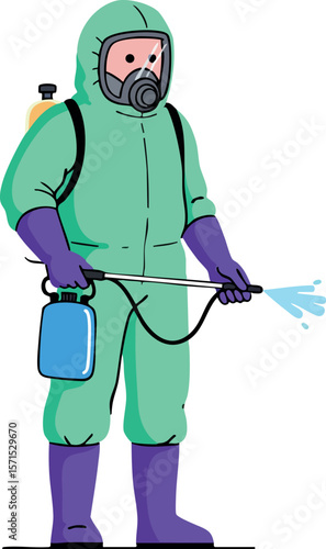 Person wearing hazmat suit spraying disinfectant for sanitation and safety measures vector illustration 