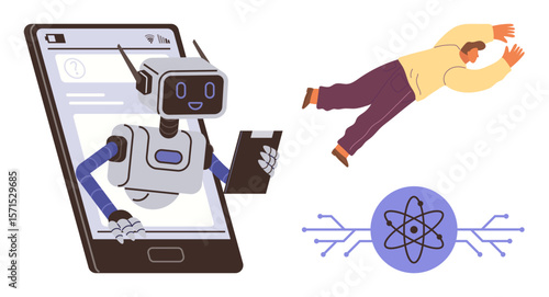 Robot emerging from smartphone holding device, floating person, and atomic symbol with circuits. Ideal for technology, innovation, AI, science, communication robotics digital transformation. A