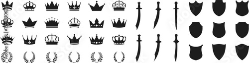Crown silhouette collection, royal luxury crown set. Swords in flat style. Ancient and medieval swords, shields