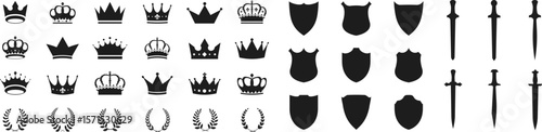 Crown silhouette collection, royal luxury crown set. Swords in flat style. Ancient and medieval swords, shields