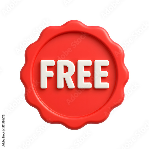 3D red free label icon with round glossy seal design, isolated on transparent background