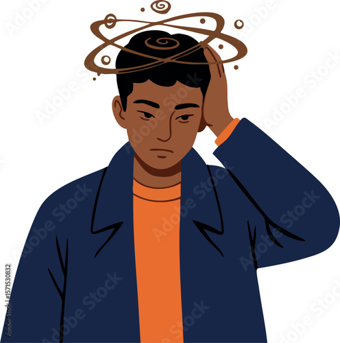 Young man with dizziness or headache symptom holding head with brown swirls vector illustration 