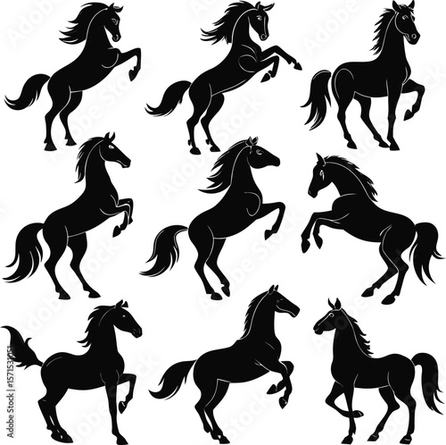 Horse silhouette bundle set vector A collection of 9 black horse silhouettes in various poses, including jumping, standing, sitting, and digital use with white background 
