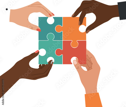 Diverse hands assembling colorful puzzle pieces teamwork and unity concept vector illustration 