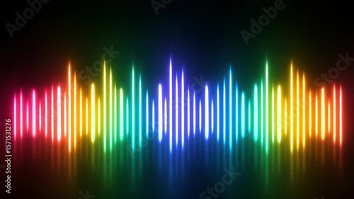 Colorful neon music bars style lines pulsing in random rhythmic patterns, glowing rainbow gradients, digital equalizer display on a pure black background, futuristic audio visualizer