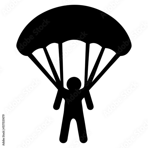 Simple black silhouette of a person skydiving with a parachute sport