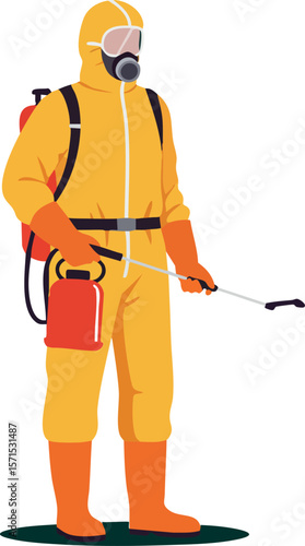 Worker in yellow hazmat suit spraying disinfectant with backpack sprayer vector illustration