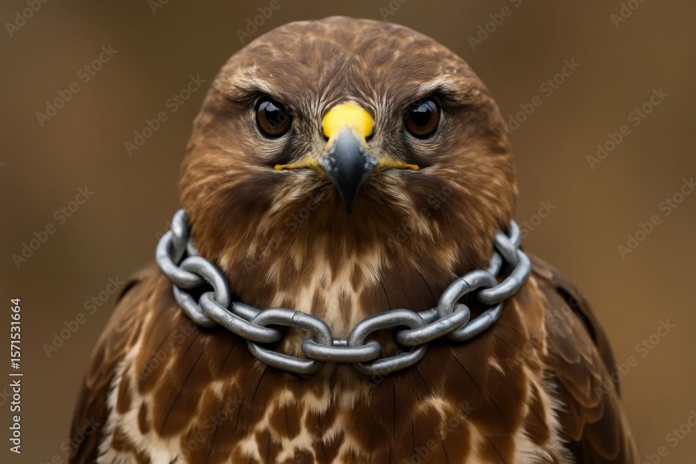 Obraz premium A majestic hawk stands guard with a chain around its neck, symbolizing strength and resilience