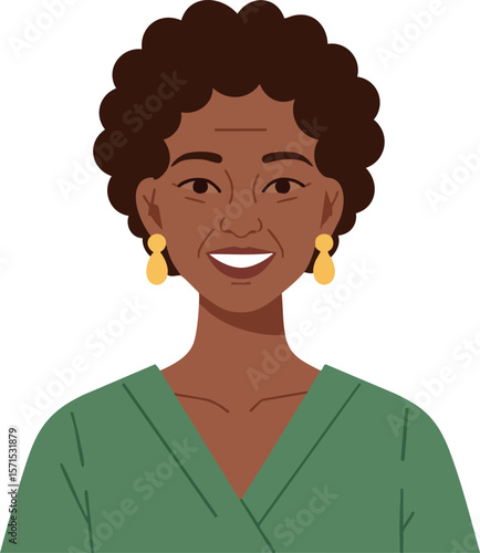 Smiling middle aged woman with curly hair wearing green blouse and earrings vector illustration 