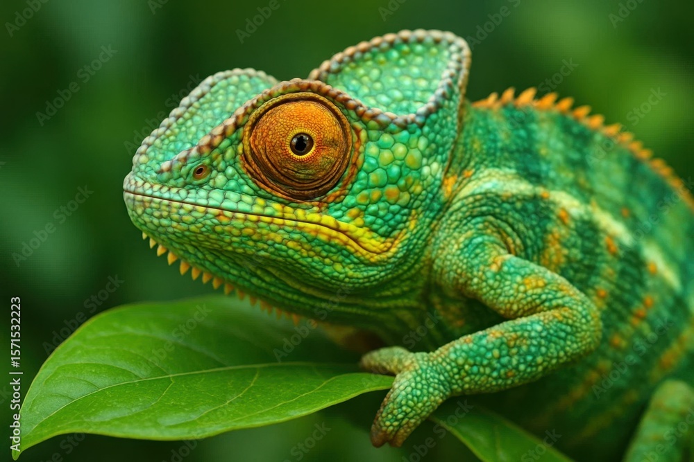 Obraz premium A vibrant green chameleon with striking orange eyes perches on a leaf, embodying the essence of nature's adaptability and beauty