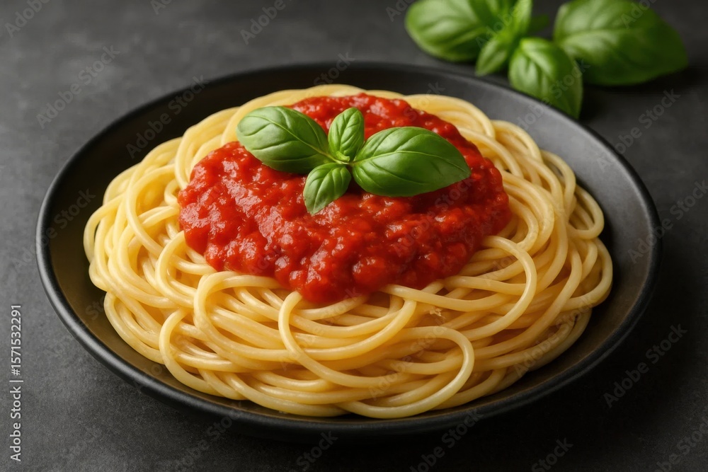 Spaghetti with a vibrant red sauce and fresh basil leaves, served on a sleek black plate Spaghetti with a vibrant red sauce and fresh basil leaves, served on a sleek black plate