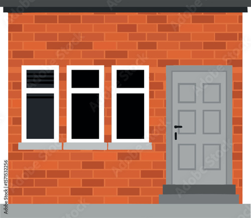 Small brick house with grey door and three white window frames vector illustration 