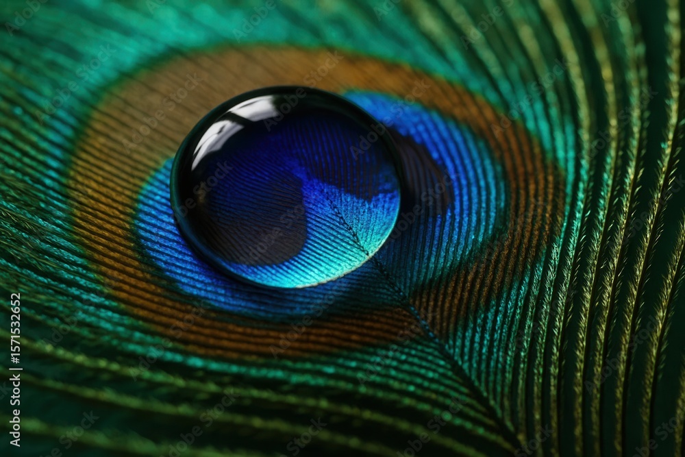 Obraz premium A Peacock Feather Reflects a Drop of Water in Hues of Blue and Orange