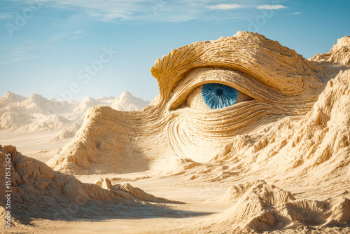 Fototapeta Naklejka Na Ścianę i Meble -  Surreal desert landscape featuring a colossal eye carved into the sand dunes