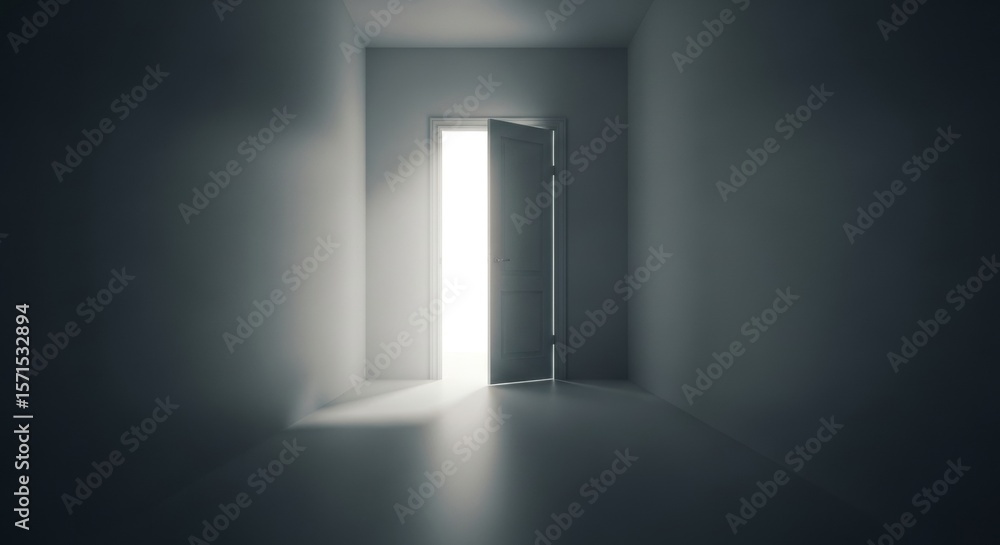 Eerie room with an open door emitting bright light, creating a sense of mystery Eerie room with an open door emitting bright light, creating a sense of mystery