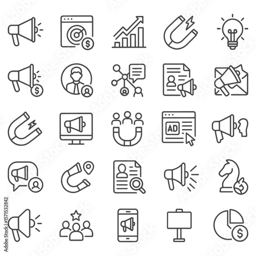 Marketing Line Icons – Digital Advertising, SEO, Social Media, Branding & Lead Generation Vector Pack