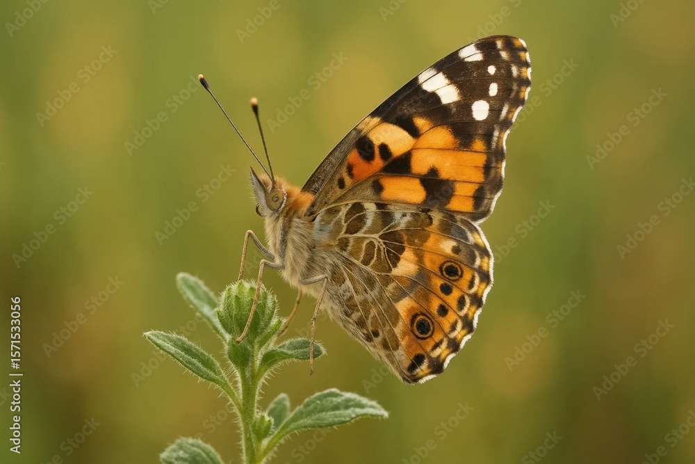 Obraz premium Amidst the verdant embrace of nature, a butterfly finds solace on a leaf, its wings spread wide in a moment of tranquility