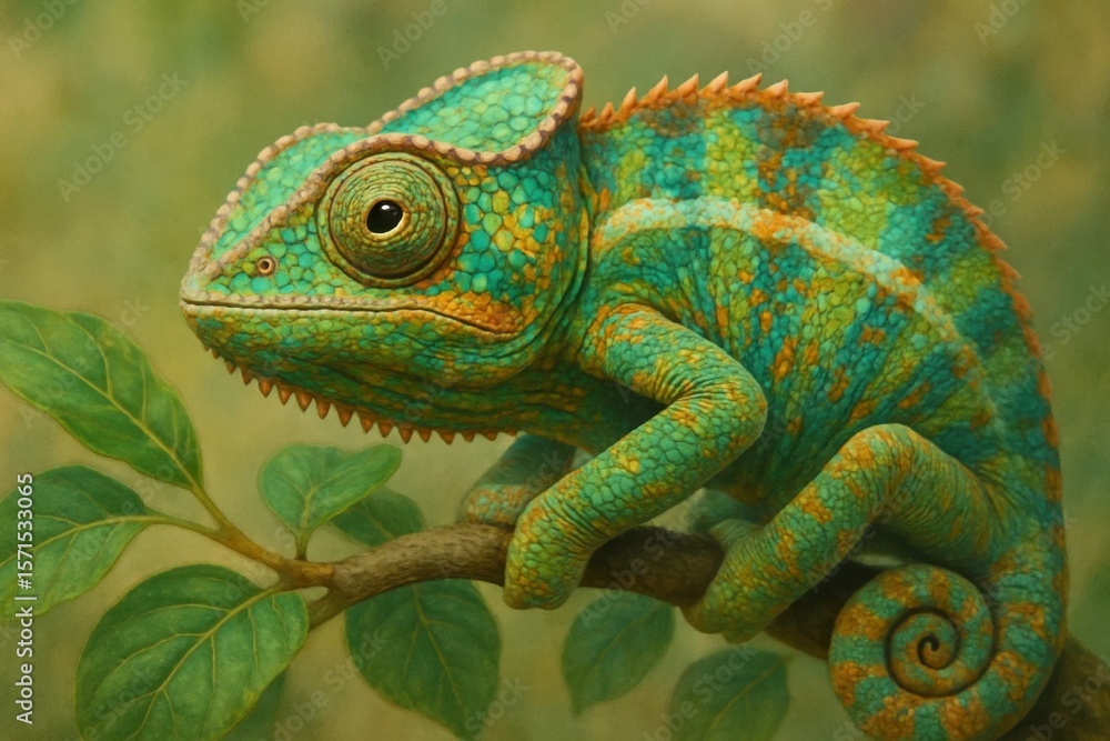 Fototapeta premium A vibrant chameleon perches on a leafy branch, its body adorned with a mesmerizing pattern of blue and green scales