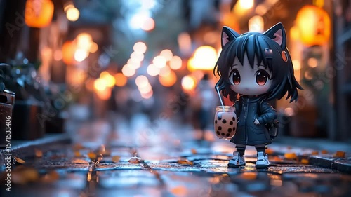 Cute figurine of a girl with boba tea in a city street at night