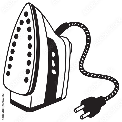 A black and white graphic illustration of a household electric iron with a cord and plug on a white background