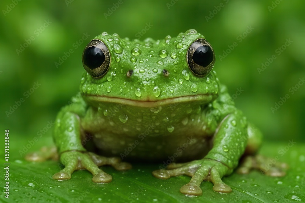 Obraz premium Amidst the verdant embrace of nature, a lone green frog sits poised on a leaf, its eyes reflecting the world around it with an air of quiet curiosity