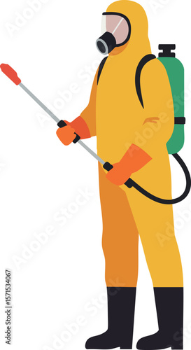 Person in yellow hazmat suit with gas mask and sprayer for chemical protection and safety 