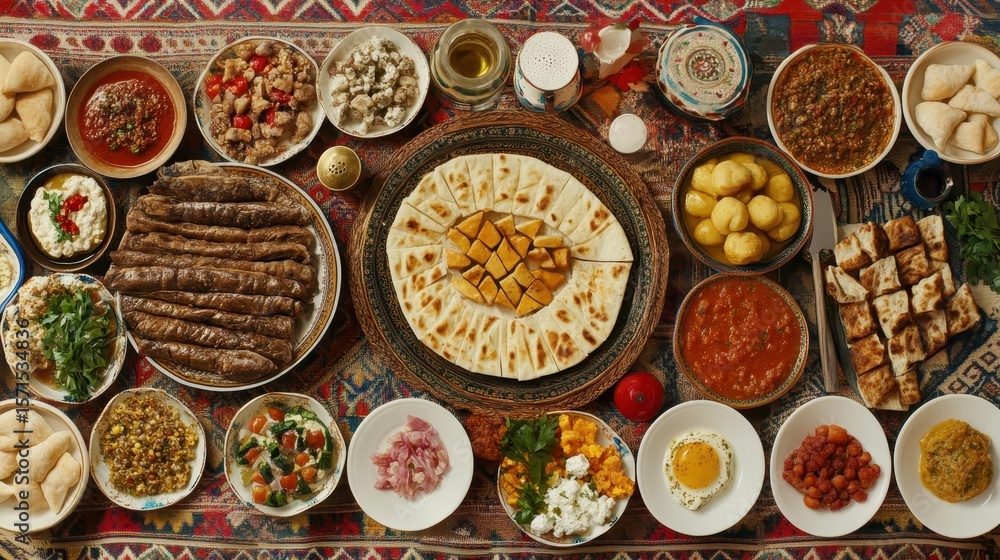 Fototapeta premium Abundant Traditional Middle Eastern Feast with Various Dishes