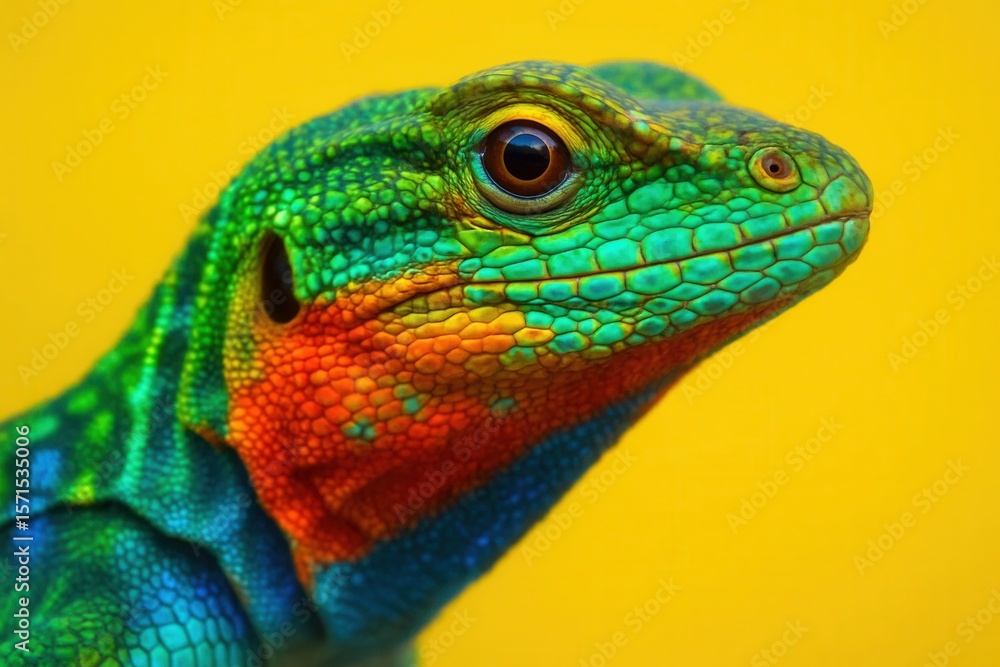 Fototapeta premium A vibrant green lizard with striking red and blue markings gazes intently against a bold yellow backdrop