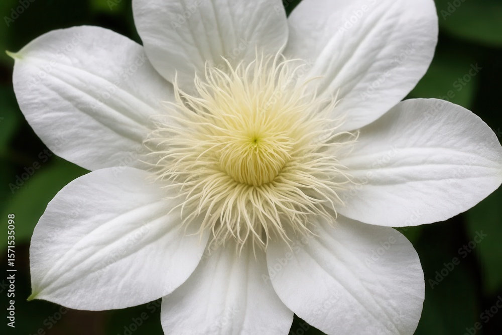 Obraz premium A delicate bloom of white petals unfurls in a serene garden setting, with a vibrant yellow center that captures the eye and invites contemplation