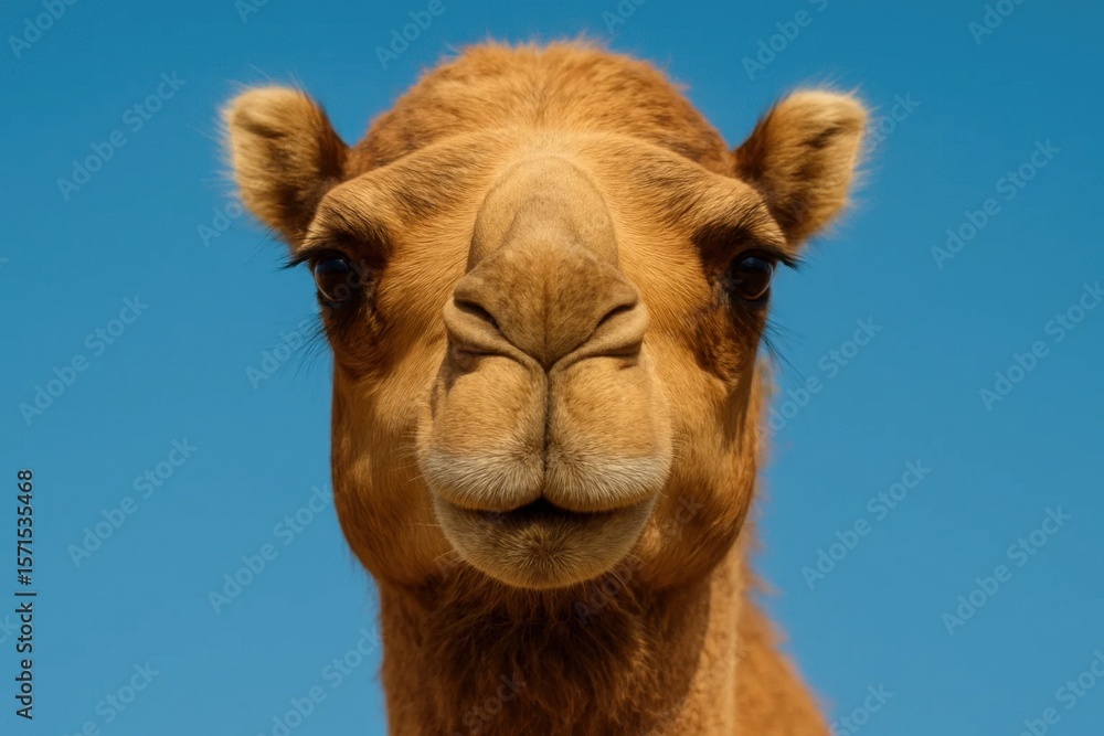 Obraz premium Close-up of a camel's face against a clear blue sky