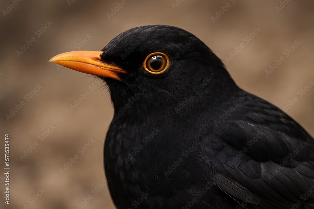 Fototapeta premium A close-up of a blackbird with an orange beak and striking yellow eyes perched on a wire fence