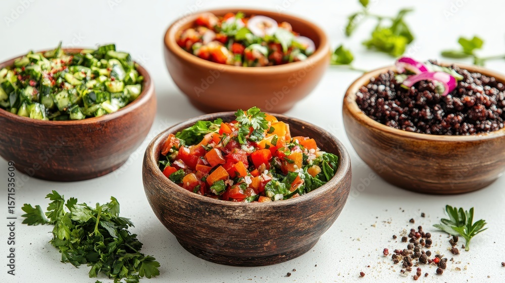 Colorful Healthy Salads in Rustic Bowls on White Background Colorful Healthy Salads in Rustic Bowls on White Background