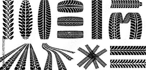 Tire tracks after skidding, launch, drift, powerslide in motorsport, rally, off-road, motocross. Wheel texture with splash effect. Vector, EPS 10 version.