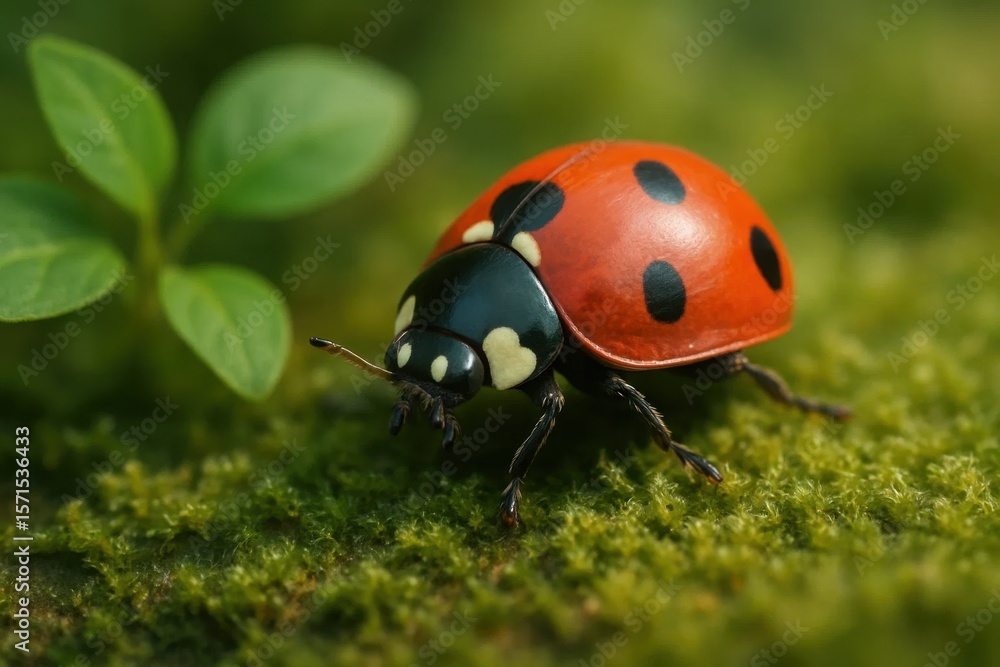 Obraz premium A ladybug with vibrant red spots and black stripes is captured in a moment of tranquility on a bed of fresh green grass, surrounded by the delicate textures of nature's bounty