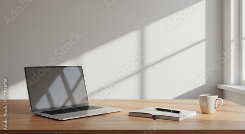 Wallpaper Mural Bright workspace with laptop and coffee Torontodigital.ca