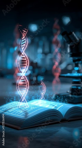 Glowing DNA strands emerge from an open book in a laboratory setting with microscopes and scientific equipment, vertical video
