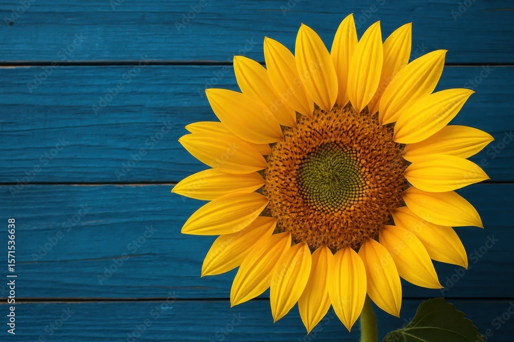 Obraz premium A Vibrant Sunflower in Full Bloom Against a Deep Blue Wooden Canvas