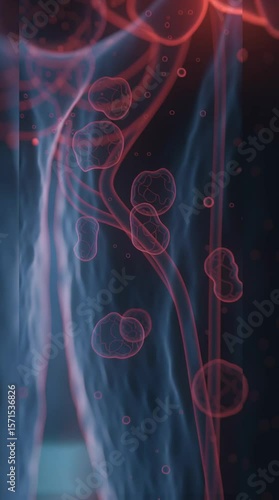 Human body with glowing red joints and bones in a futuristic setting, vertical video