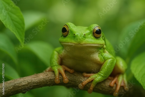 Amidst the verdant embrace of nature, a vibrant green frog sits poised on a branch, its eyes reflecting the dappled light filtering through the leaves