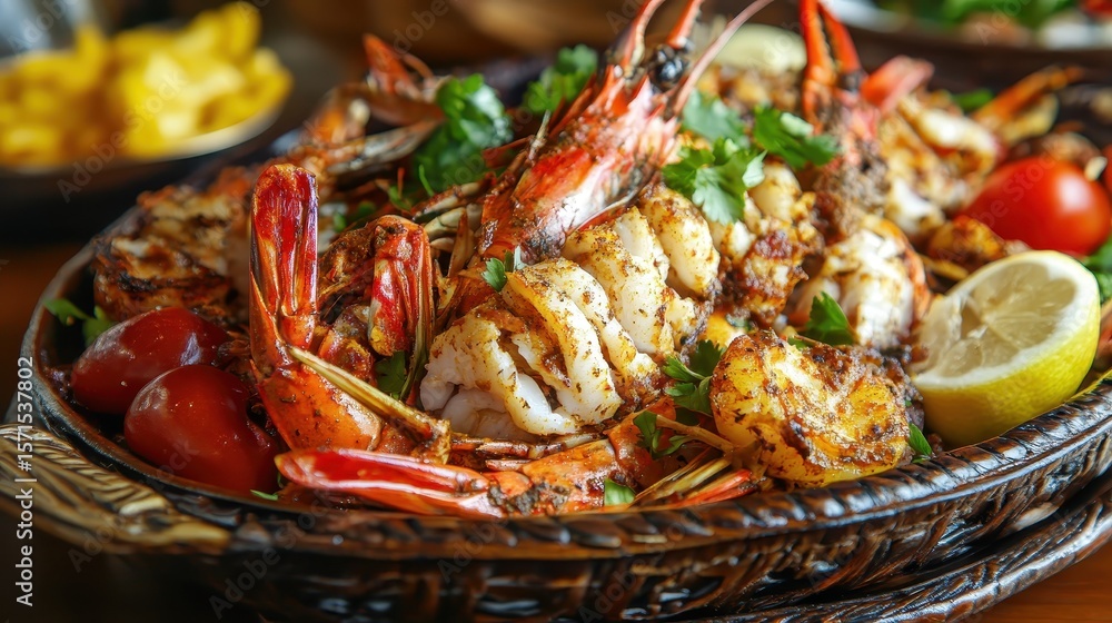 Delicious Seafood Platter with Grilled Shrimp and Fresh Vegetables Delicious Seafood Platter with Grilled Shrimp and Fresh Vegetables