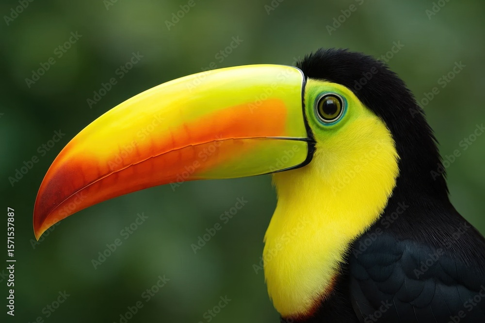 Fototapeta premium A vibrant Toucan with a striking yellow beak stands out against a blurred green backdrop, capturing the essence of its vivid plumage and gentle demeanor