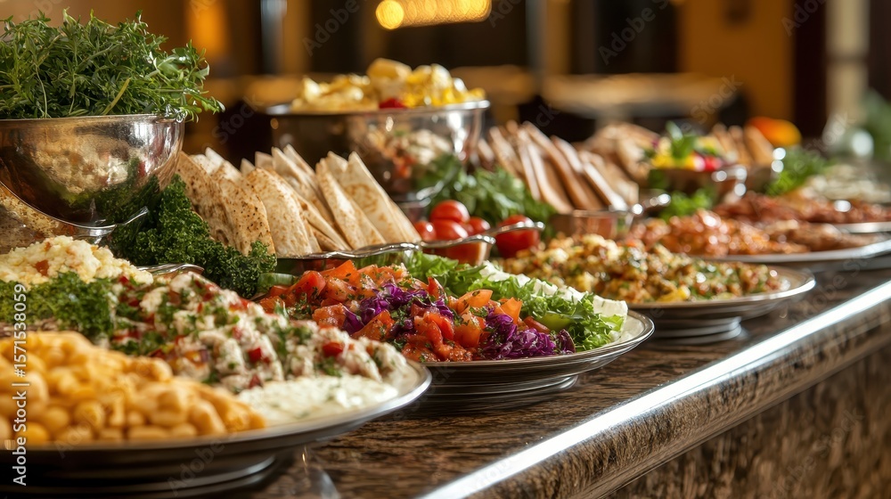Obraz premium Colorful Buffet Spread Featuring Fresh Salads, Dishes, and Garnishes