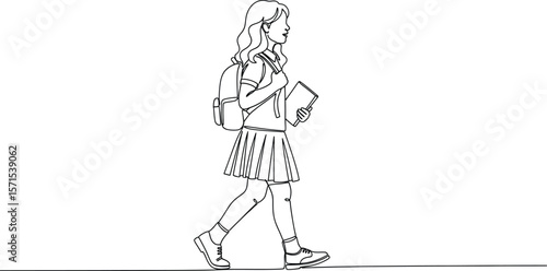 Single line drawing of student girl walking to school with backpack and book vector illustration art 100