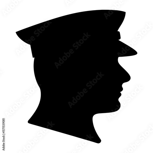 Silhouette of uniformed person head in profile, wearing peaked cap illustration