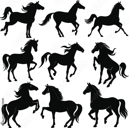 Horse silhouette bundle set vector A collection of 9 black horse silhouettes in various poses, including jumping, standing, sitting, and digital use with white background 