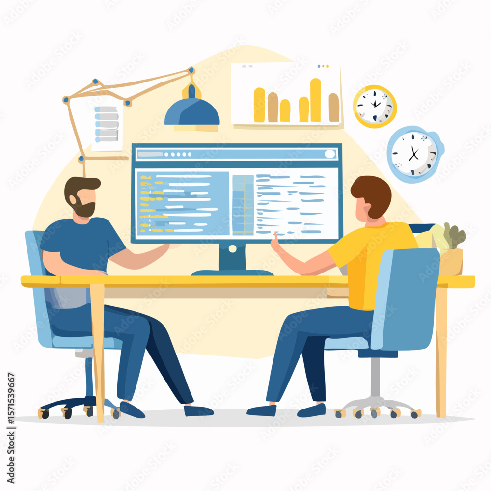 Fototapeta premium Two Male Programmers Collaborate on Software Development Project
